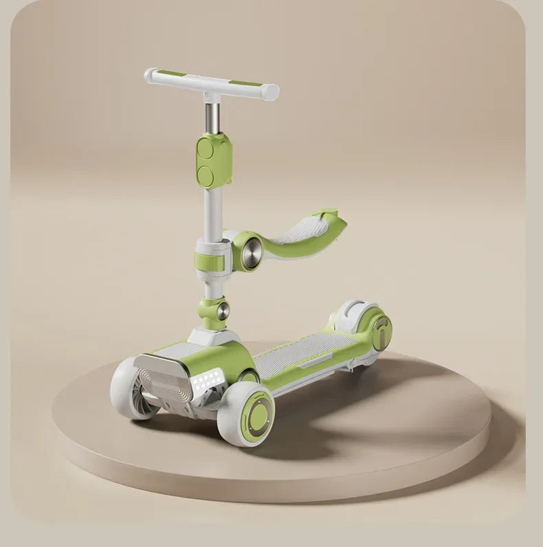 Rechargeable electric scooter for children, foldable and fun with widened design.