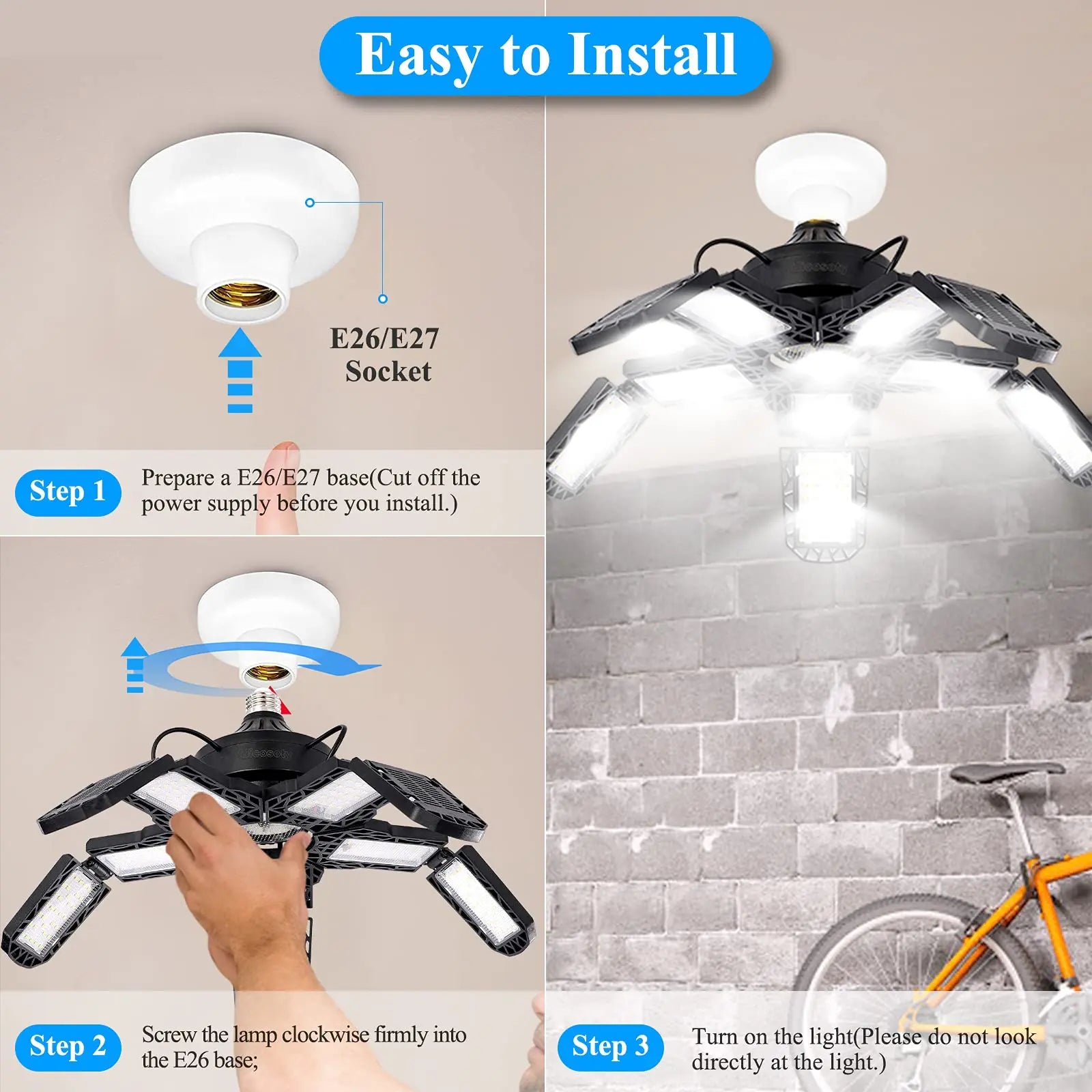 LED Garage Lights with 7/10+1 Adjustable Panels E26/E27 Ceiling Shop Work Lamp 150W 6500K Bulb for Workshop Industrial Lighting