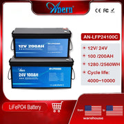 Anern High Quality 2560WH 12V/24V 100Ah LiFePO4 Lithium Battery Built-in BMS for Inverter Motorhome Solar System Boat Household