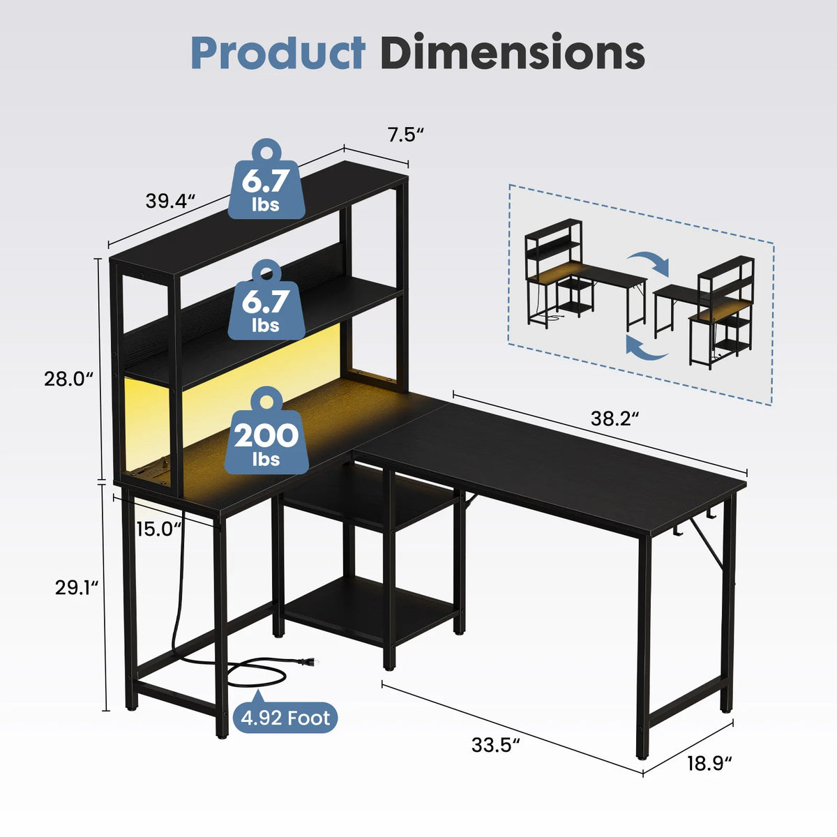 JHK 53 Inch L Shaped Gaming Desk with LED Light Reversible Computer Desk with Adjustable Shelf USB Power Outlet Corner Desk with CPU Stand for Home Office