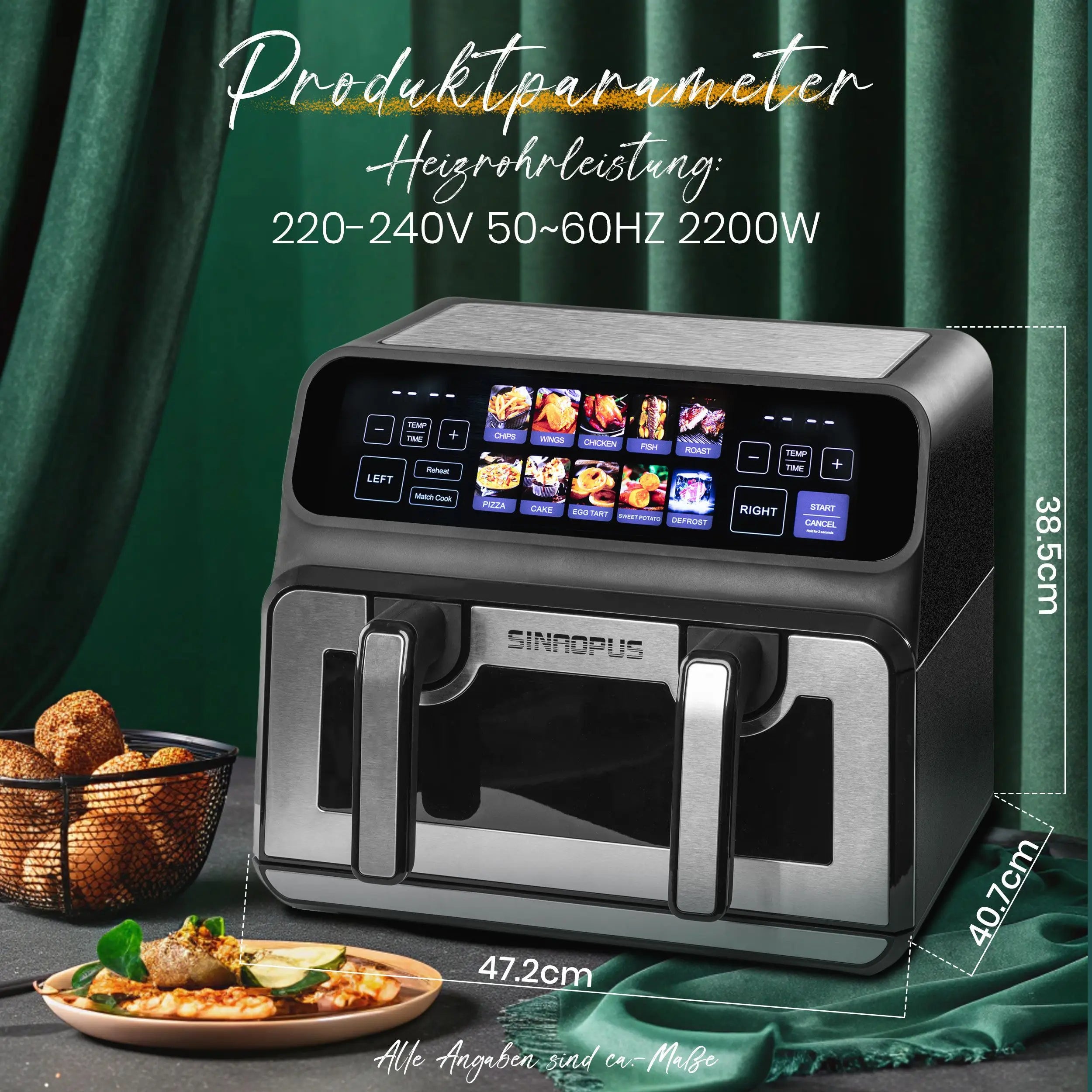 Sinaopus 2200W Hot Air Fryer Dual Basket 9 L XXL Multi-Function Air Fryer with LED Touch Screen Timable Auto Programmes