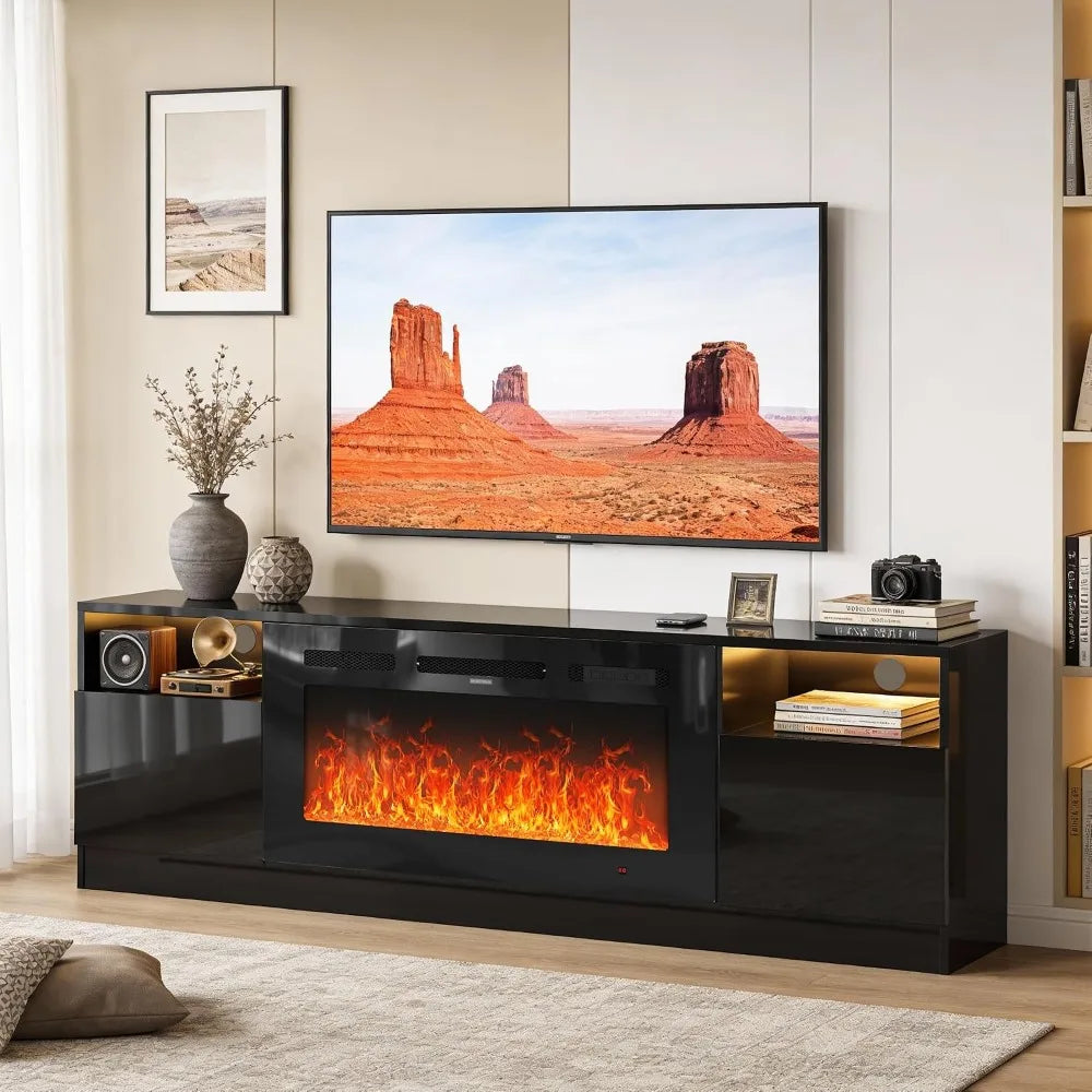 70" TV Stand, 36" Fireplace, Fits TVs Up to 80" High-Gloss Door Fireplace TV Stand Living Room
