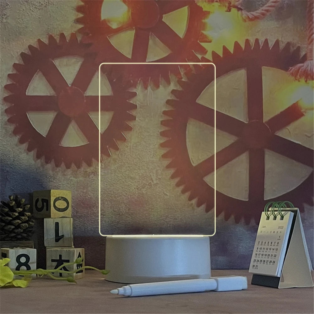 Brighten your space with this transparent LED night light—USB-powered luminous acrylic design doubles as an erasable message board and calendar, perfect for your desk or décor!