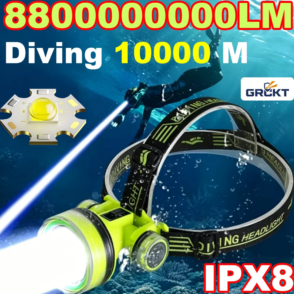 NEW 8800000000LM LED Scuba Diving Headlamp IPX8 Waterproof Headlight Underwater 10000m Headlight LED Scuba Head Flashlight Torch