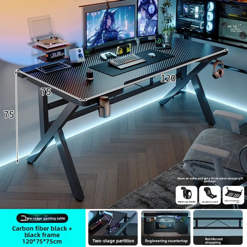 Two-Section Split Solid Wood Computer Gaming Desk  | Ergonomic Home Office Workstation Furniture in Carbon Fiber Style
