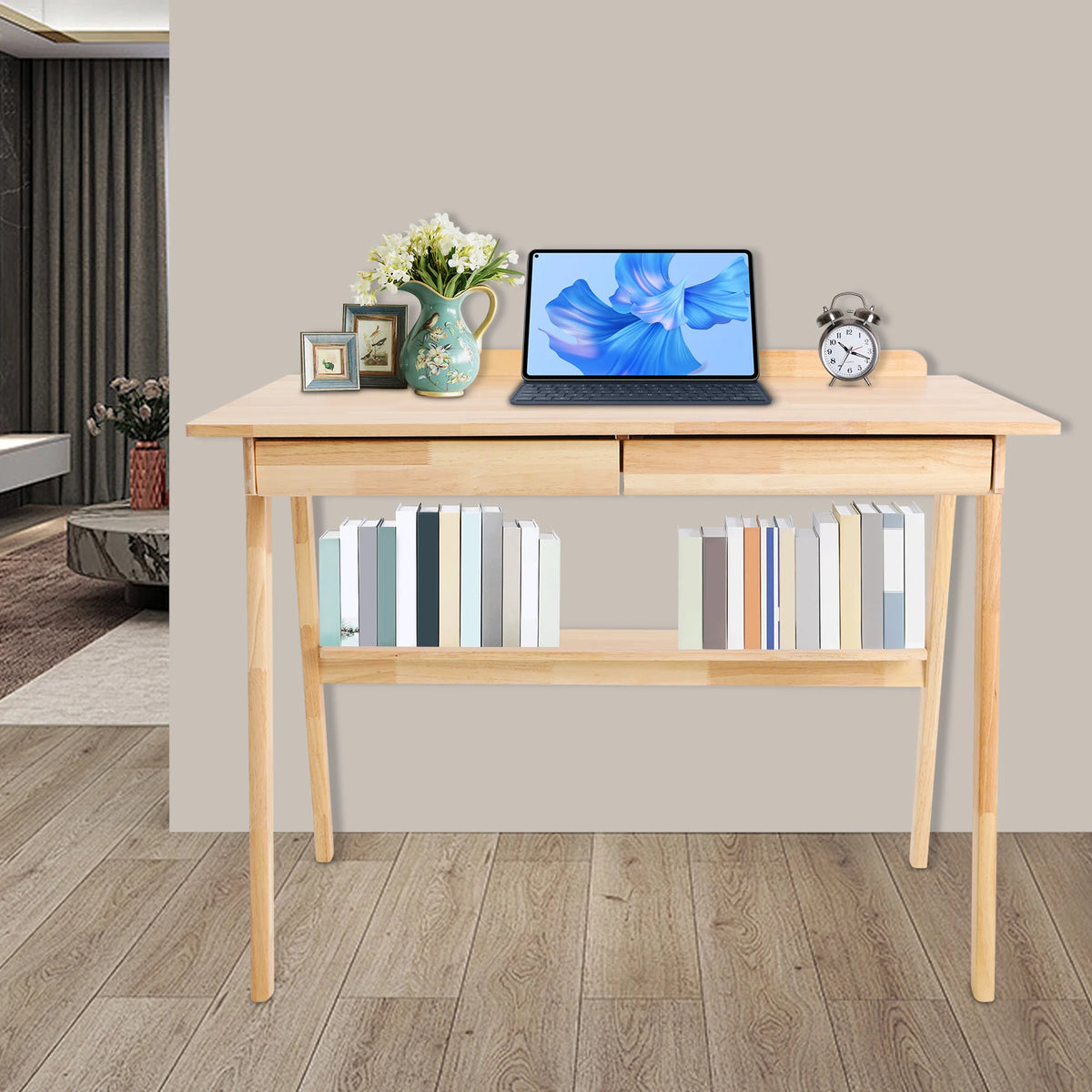 Floor Standing Desk with 2 Drawers Desk for Bedroom Writing Computer Desk
