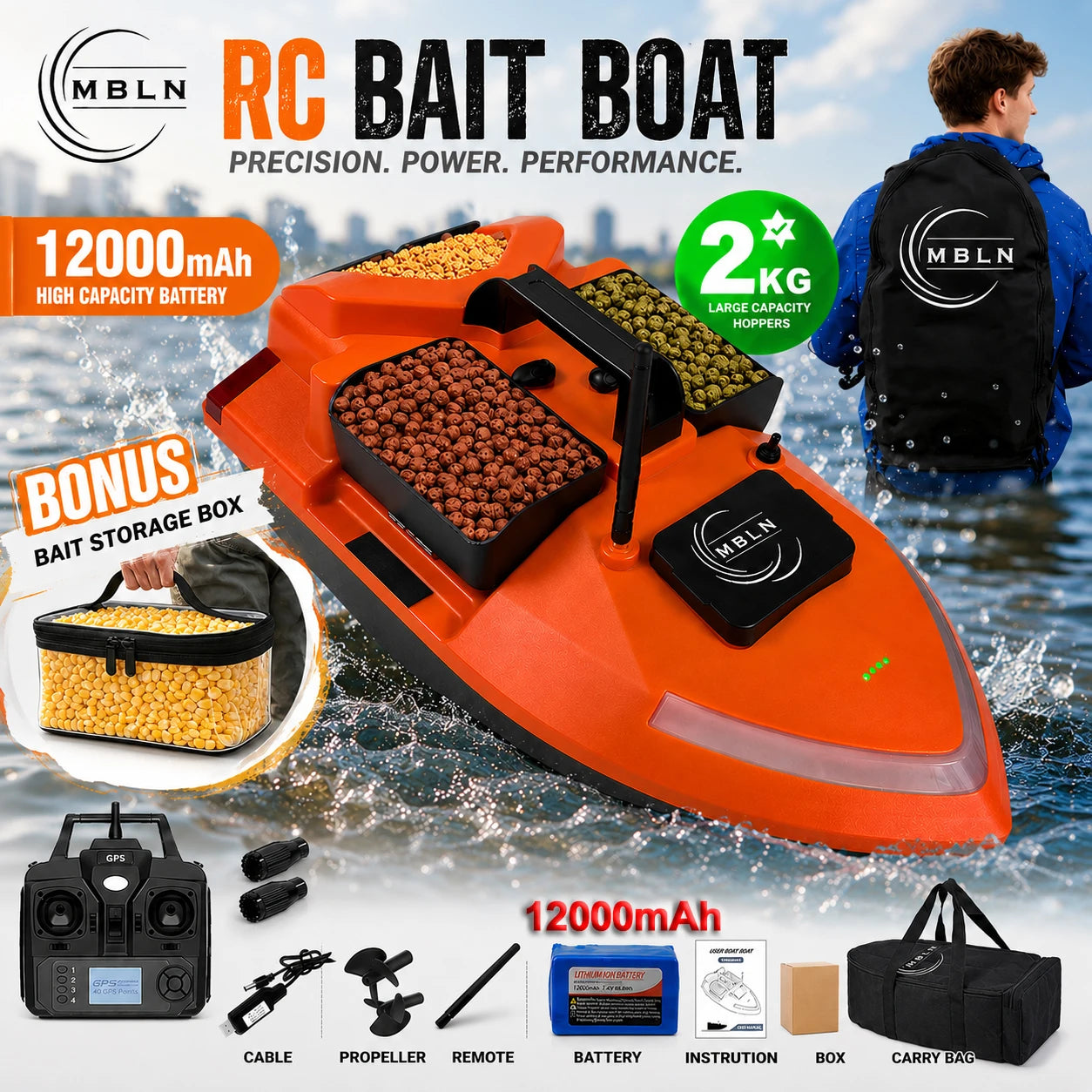GPS RC Bait Boat with 40 GPS Points, Smart Return, Long Battery Life, 2KG Load, Free Boat Bag & Bait Box