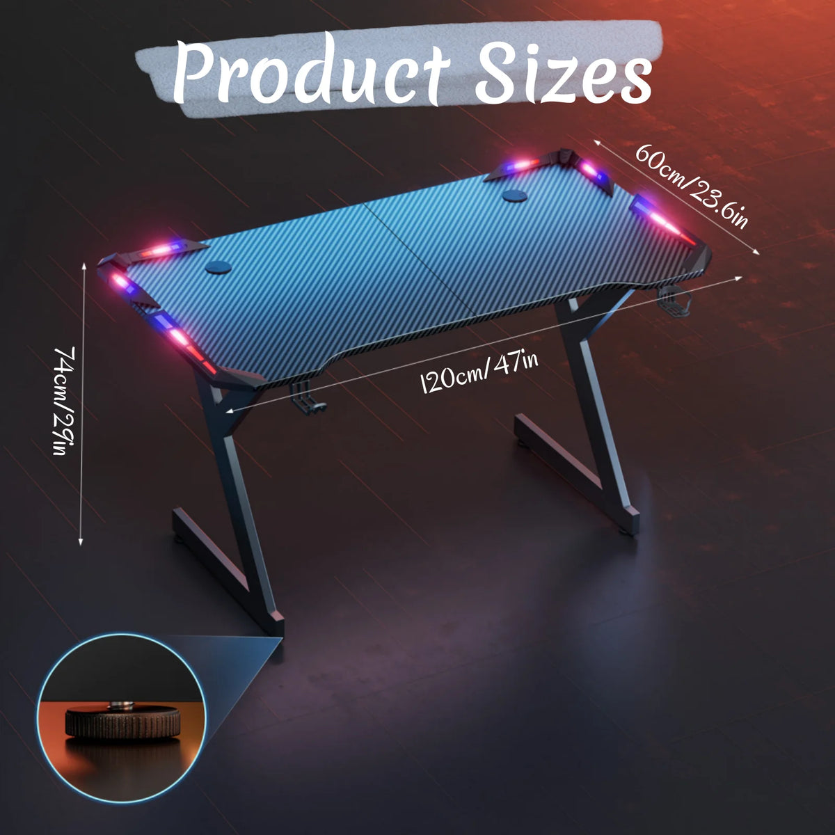Y‑Shaped Gaming Desk with RGB LED Lights, Ergonomic Carbon‑Fiber Surface PC Workstation Table with Headphone Hook & Cup Holder