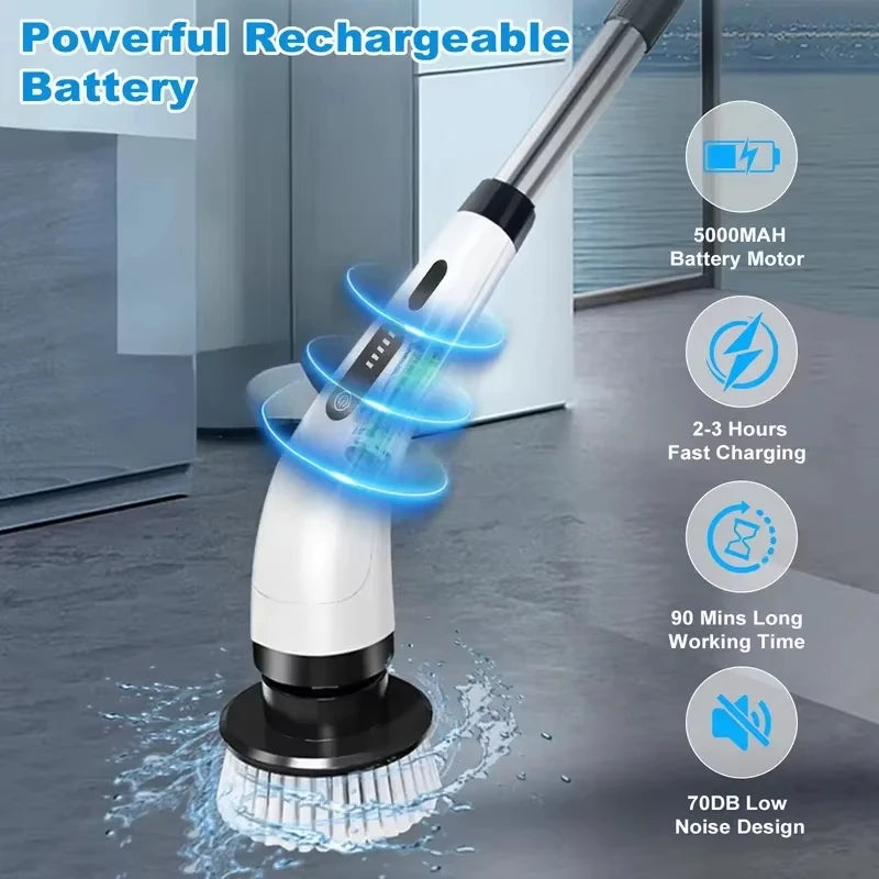 9-in-1 Electric Cleaning Brush, Cordless Power Scrubber with Long Extension Handle, Multi-Purpose Rotating Cleaning Tool for Bathroom, Kitchen, Tile, Tub, Shower, Floor, Grout, Countertops, Window, Household Deep Cleaning