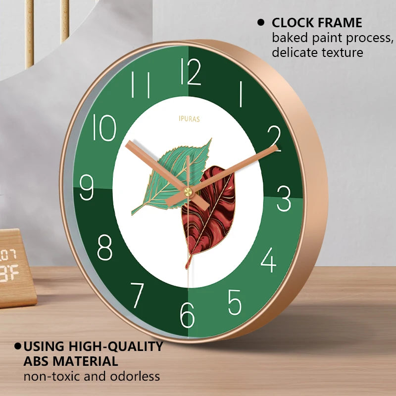 Green Leaf Art Wall Clock Silent Non-Ticking Modern Minimalist Easy to Read Clock for Living Room Bedroom Home Decor