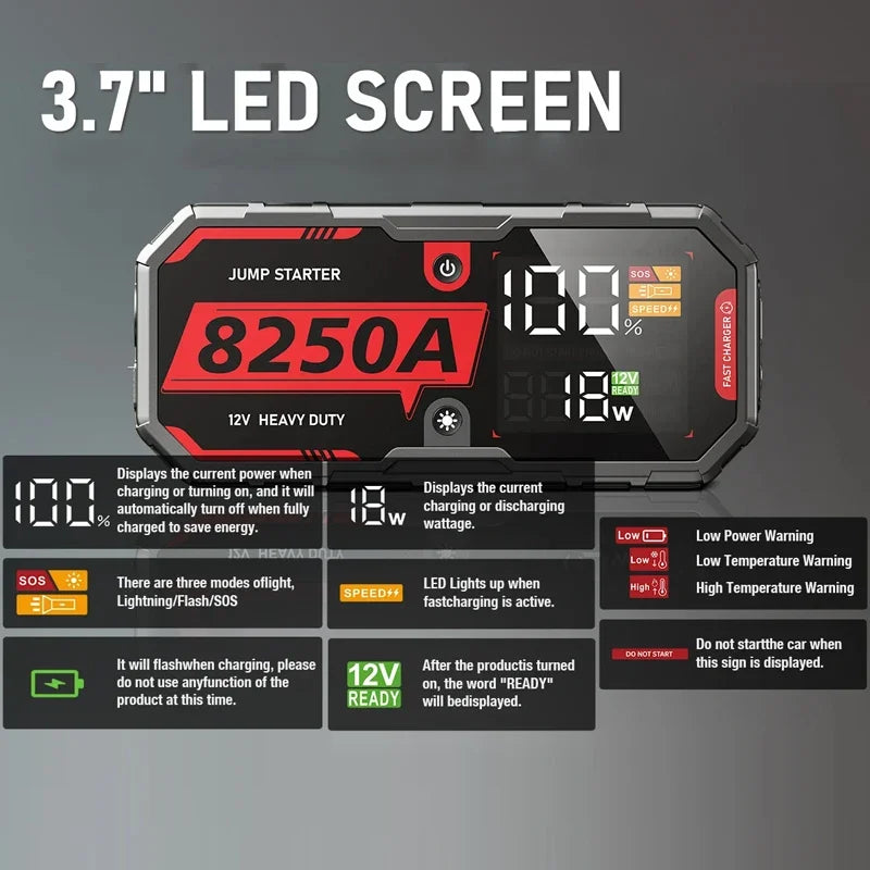 Jump-start big rigs and more with the powerful 8250A 12V Pro portable car battery booster—built to handle even the toughest jobs!