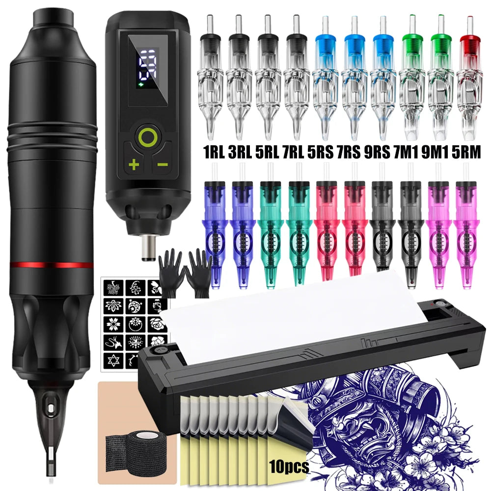 Ballpoint Tattoo Pen Machine Kit Rotary Tattoo Pen Set with Wireless Tattoo Transfer Stencil Printer Power Supply Needles