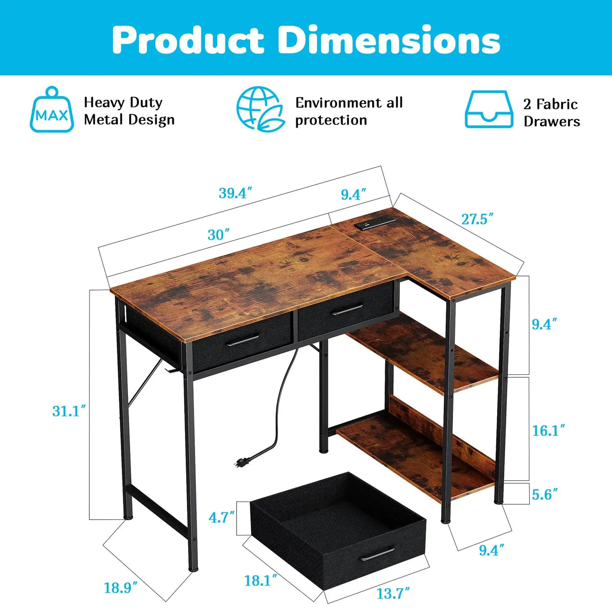 40 Inch L Shaped Gaming Desk With Power Outlet, Reversible Computer Desk With 2 Drawers, 3 Shelves, Headphone Hook