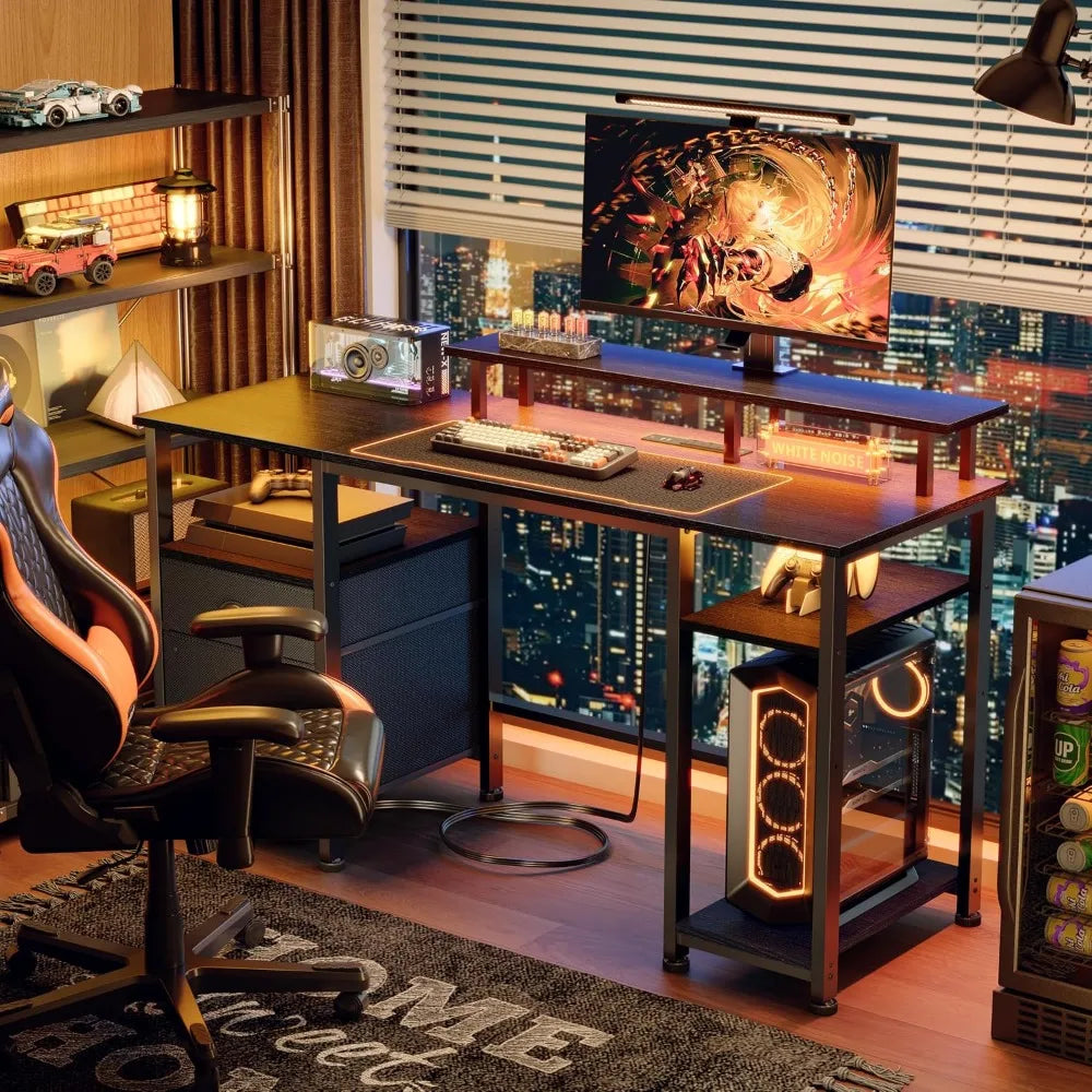 51" Gaming Desk with Power Outlets & LED Lights, Reversible Computer Desk with File Cabinet & Monitor Stand for, Customized