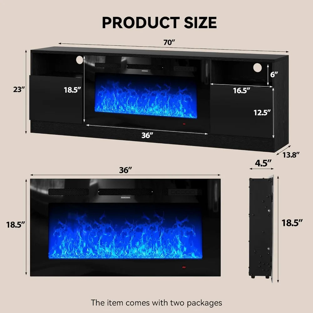 70" TV Stand, 36" Fireplace, Fits TVs Up to 80" High-Gloss Door Fireplace TV Stand Living Room