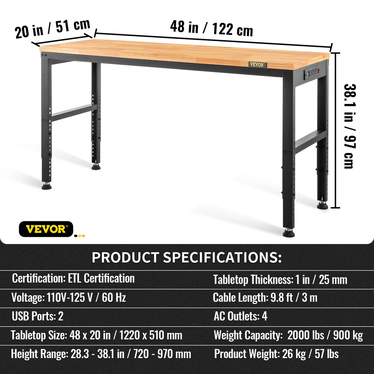 SucceBuy Heavy-Duty Workbench 72cm Adjustable Height Oak Wood Hardwood Top Table 900KG Load Capacity for Office Home Workshop