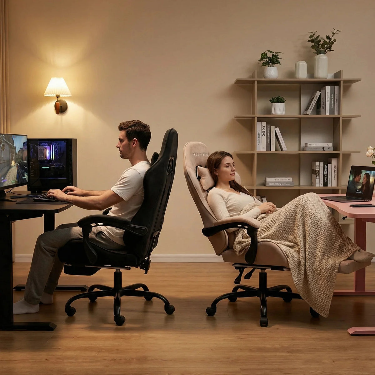 Massage Gaming Chair, Computer Office Chair with Comfy Fabric, Height Adjustable Game Chair with 360°-Swivel Seat and Headrest