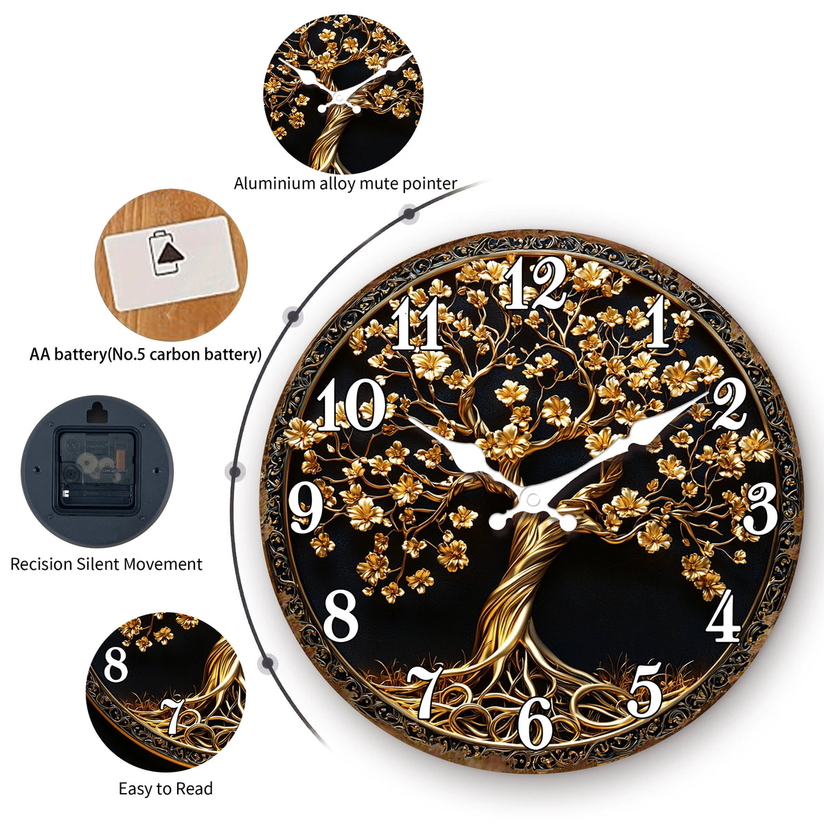 Golden Tree of Life with Intricate Details Wall Clock, Luxury Ornate Design Round Decorative Clock, Elegant Home Decor Timepiece