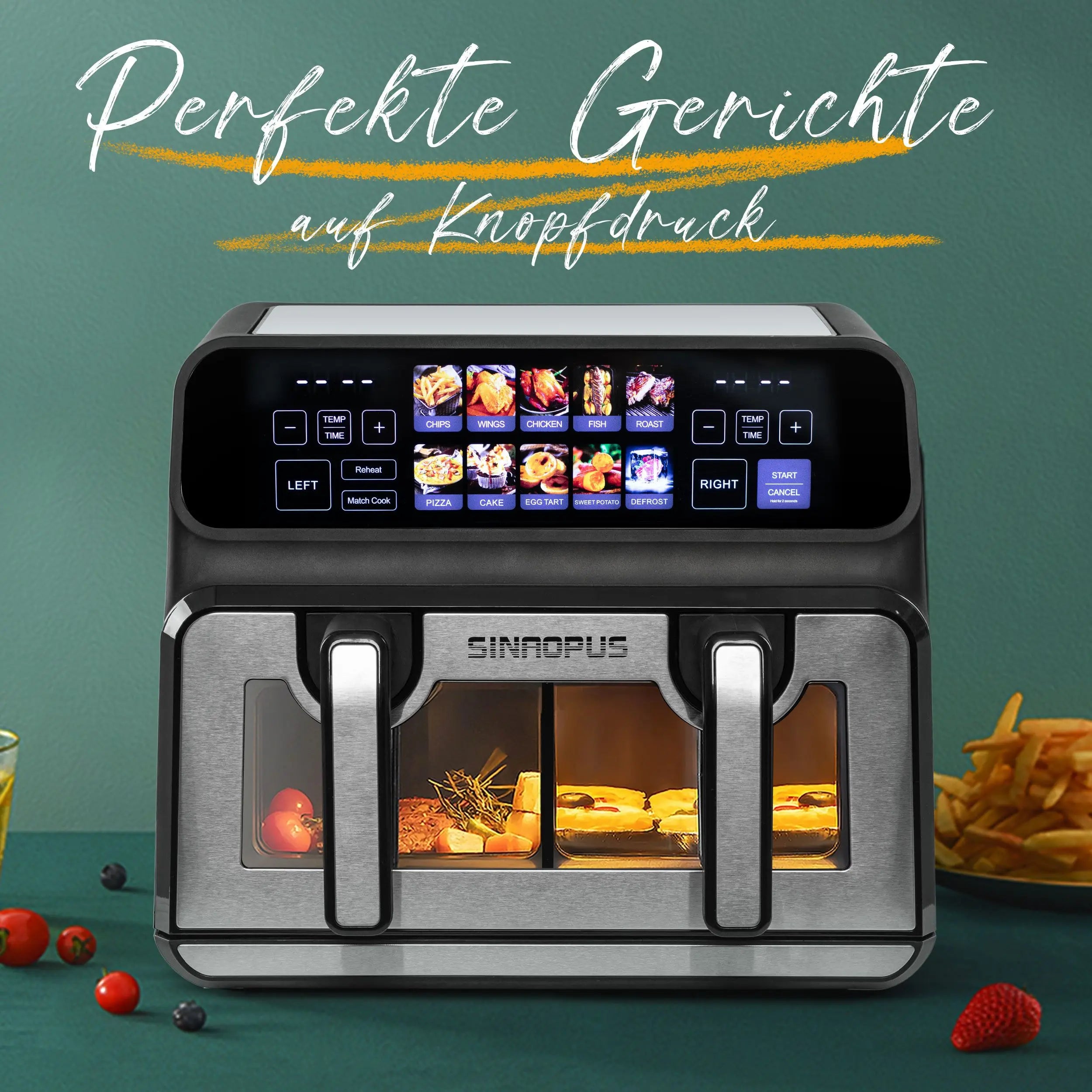 Sinaopus 2200W Hot Air Fryer Dual Basket 9 L XXL Multi-Function Air Fryer with LED Touch Screen Timable Auto Programmes