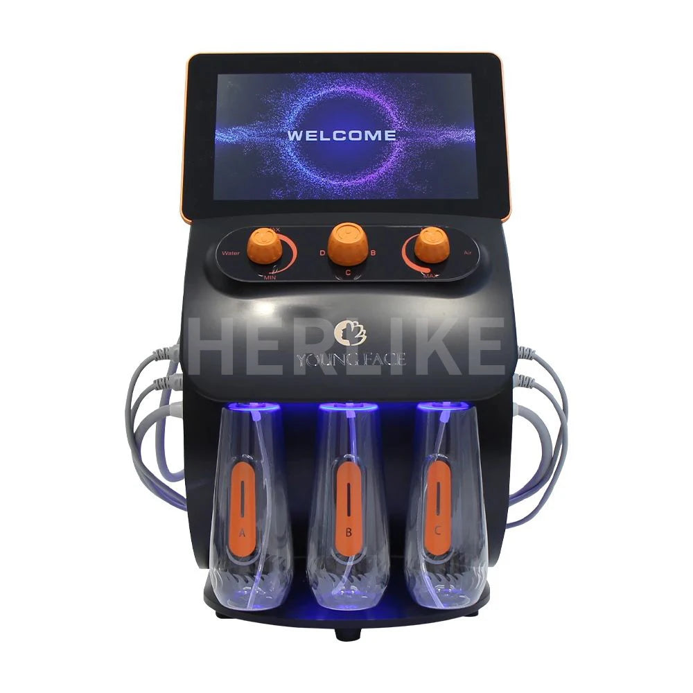 Experience professional skincare with this portable 6-in-1 H2O2 small bubble oxygen facial machine. Improve skin hydration, exfoliate with microdermabrasion, and promote a fresh, glowing complexion with this versatile device!