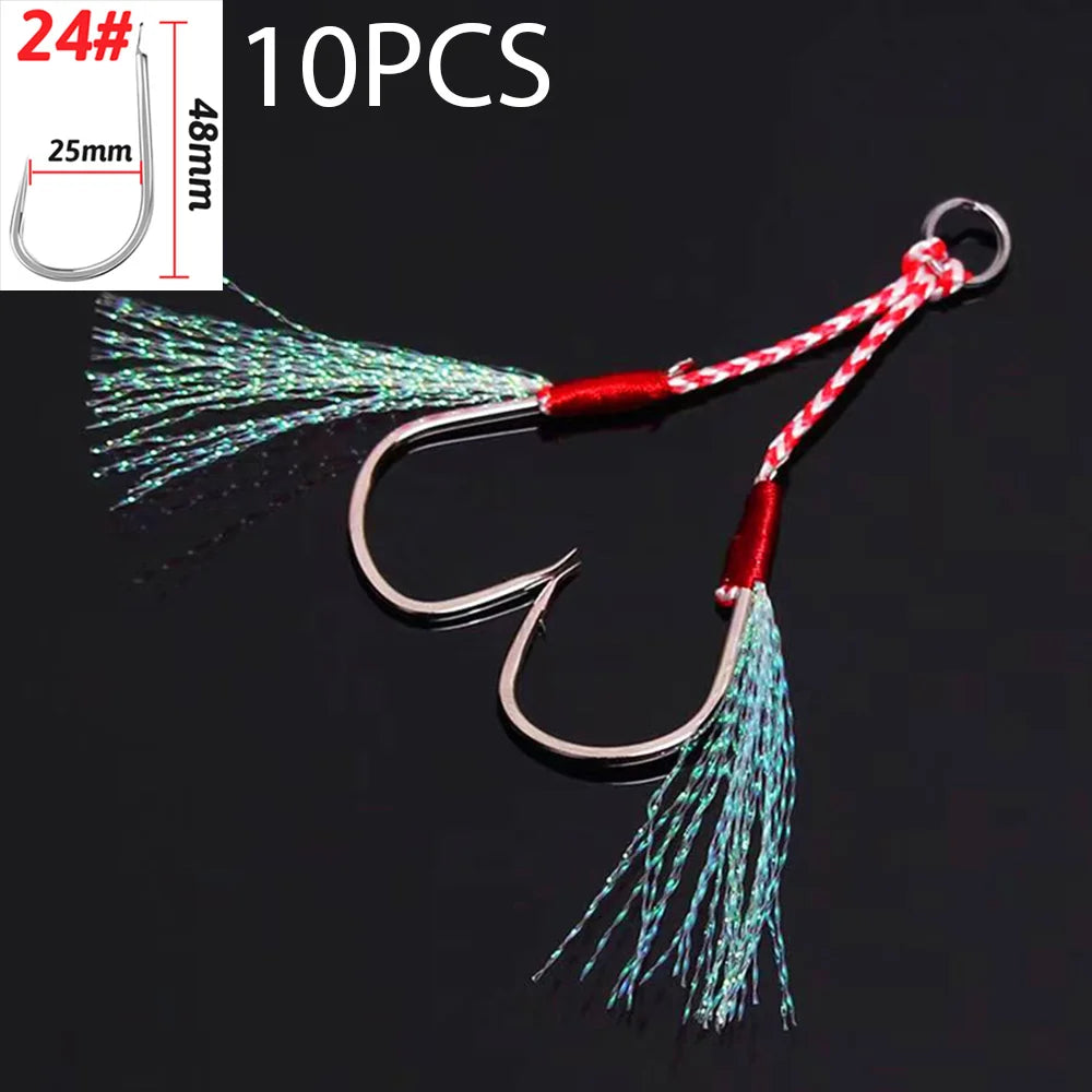 Cast Jig Assist Hook 10PCS/Lot High Carbon Steel Angle Barbed Thread Feather Lake Fishing Tackle Slow Jigging Sea Pesca Fishhook