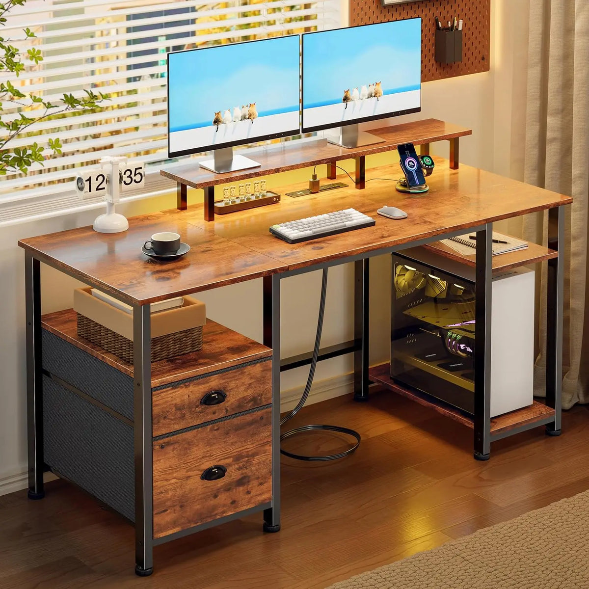 51" Gaming Desk with Power Outlets & LED Lights, Reversible Computer Desk with File Cabinet & Monitor Stand for, Customized