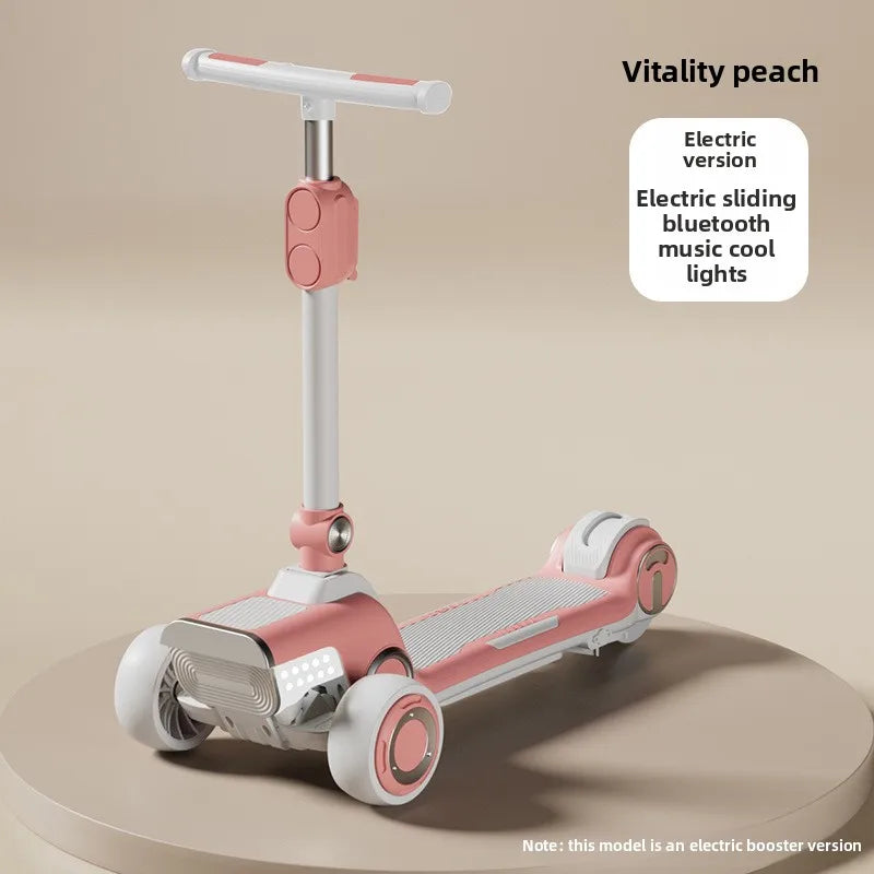 Rechargeable electric scooter for children, foldable and fun with widened design.