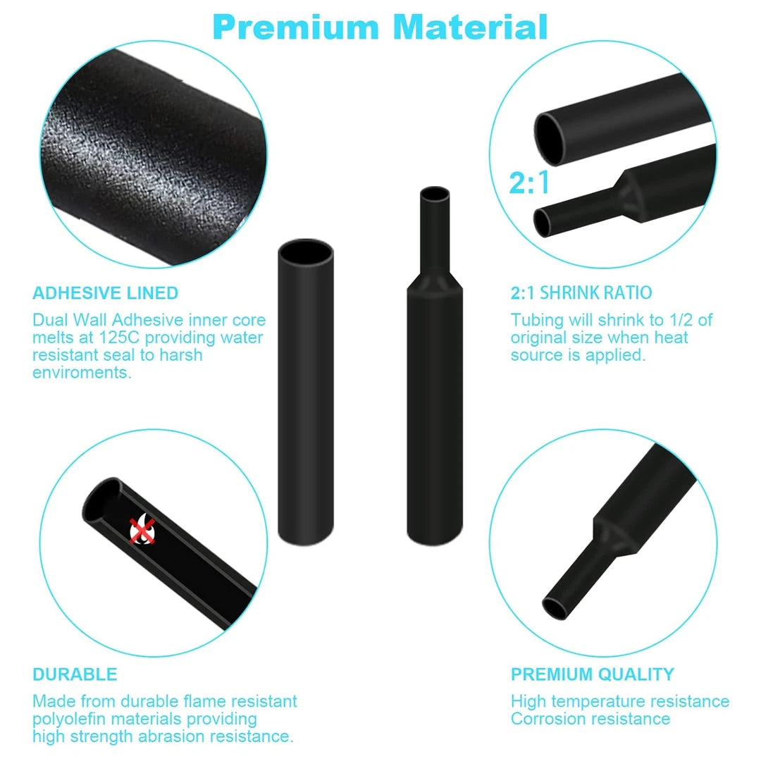 Protect your wiring with this black heat shrink tube kit—thermoresistant tubing ideal for wire wrapping, electrical connections, and cable insulation!