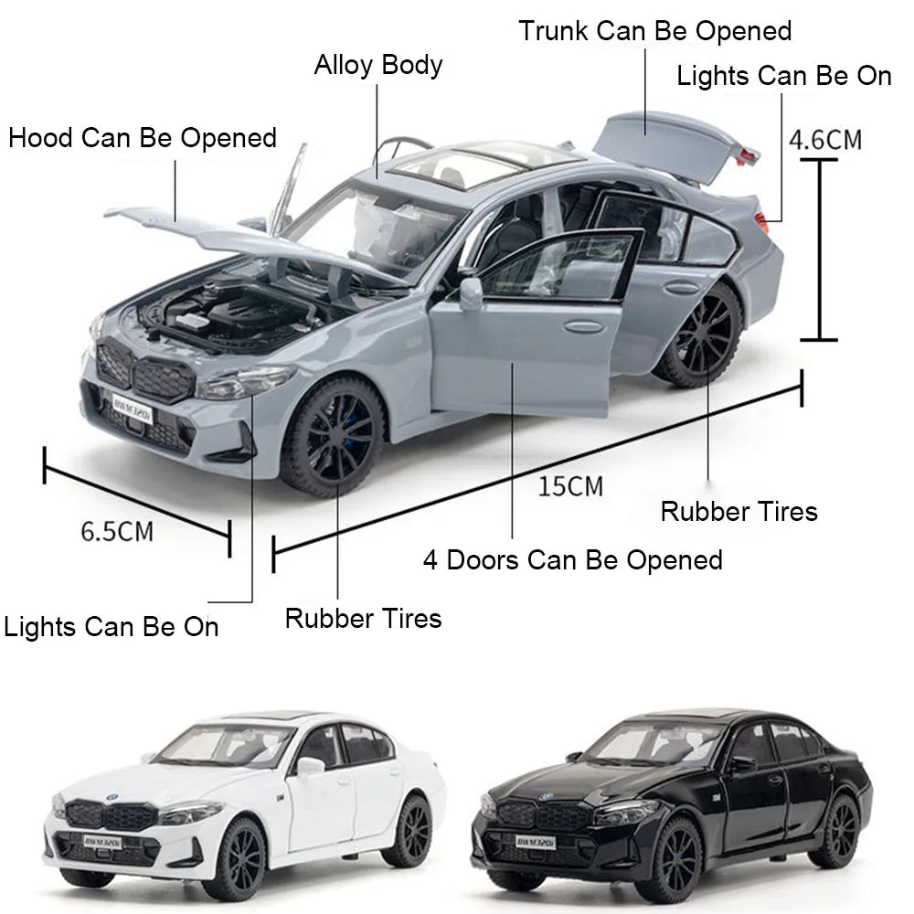 1:32 M4 320I Simulation Car Model Toys Metal Diecast Doors Opened Sound Light Pull Back Rubber Tires Ornament Vehicles for Kids