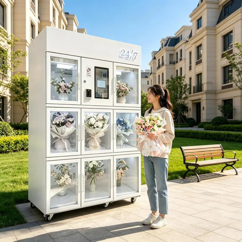 Automatic Flower Vending Machine 24H Smart Refrigerated Bouquet Dispenser Fresh Rose Tulip Cashless Payment Floral Retail Kiosk
