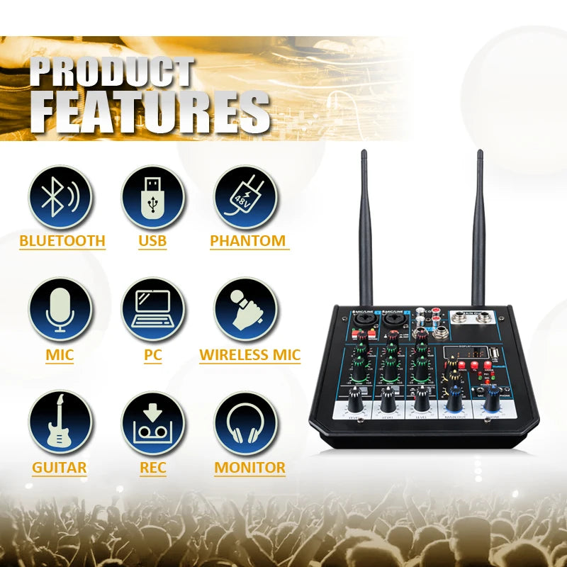 4 Channel Audio dj Mixer Console with Bluetooth Mixer UHF Wireless Microphone for Home Karaoke Stage Studio