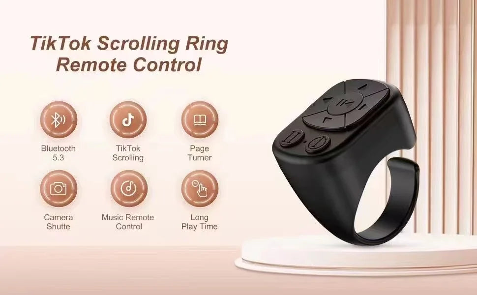 Scroll, snap, and control with ease using this TikTok scrolling ring! Compatible with iPhone, iPad, and Android devices via Bluetooth. Features remote page turning, camera shutter, short video, and music controls—all from your finger!