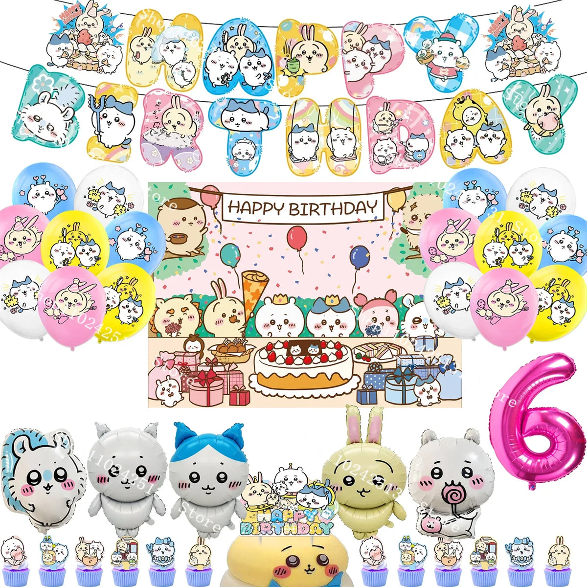Chiikawa kawaii Happy Birthday Party Decorations Cute plate Banner Cake Topper Flag Balloons Disposable tableware Decorations