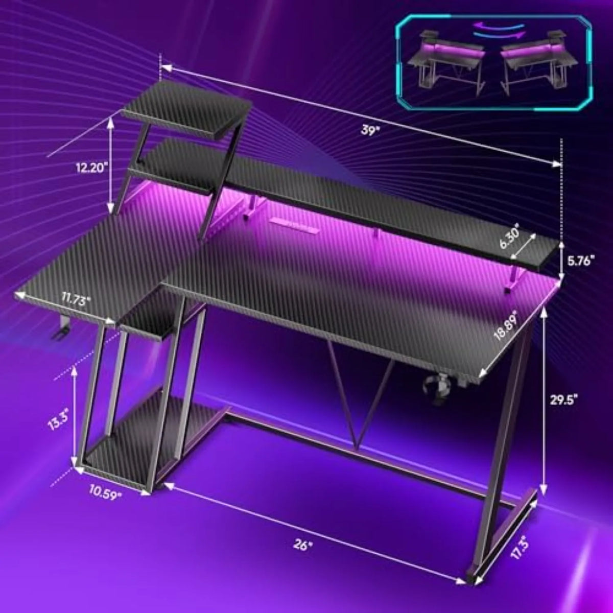 40 Inch Gaming Desk with LED Lights & Power Outlet, L Shaped Computer Gaming Table with Storage Shelves, Reversible