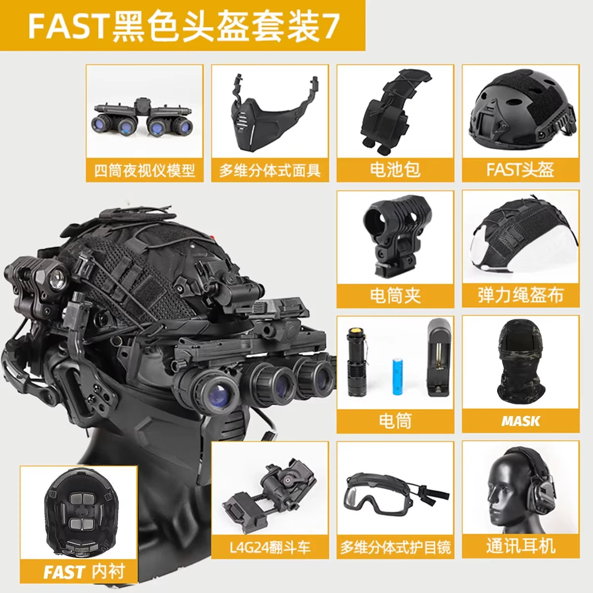Helmet Set with Night Vision Model Sound Pickup Noise Reduction Military Headphones Tactical Flashlight Goggles Split Mask