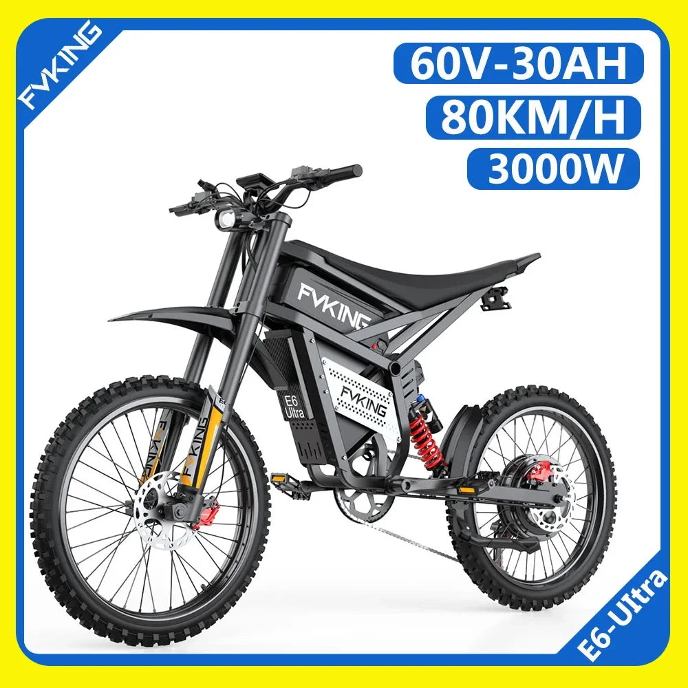 FVKING E6 Adult Electric Bicycle 3000W Peak Motor Equipped With 2 60V 30AH Batteries Off-road Electric Motorcycle Speed 80km/H