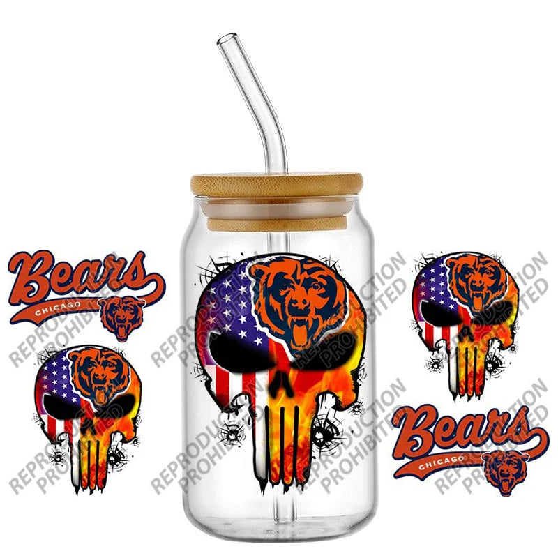 High Quality ‌3D Skull Sports Team Decal UV DTF Cup Wrap for 16oz Libbey Glasses Can DIY Mug Transfer Stickers