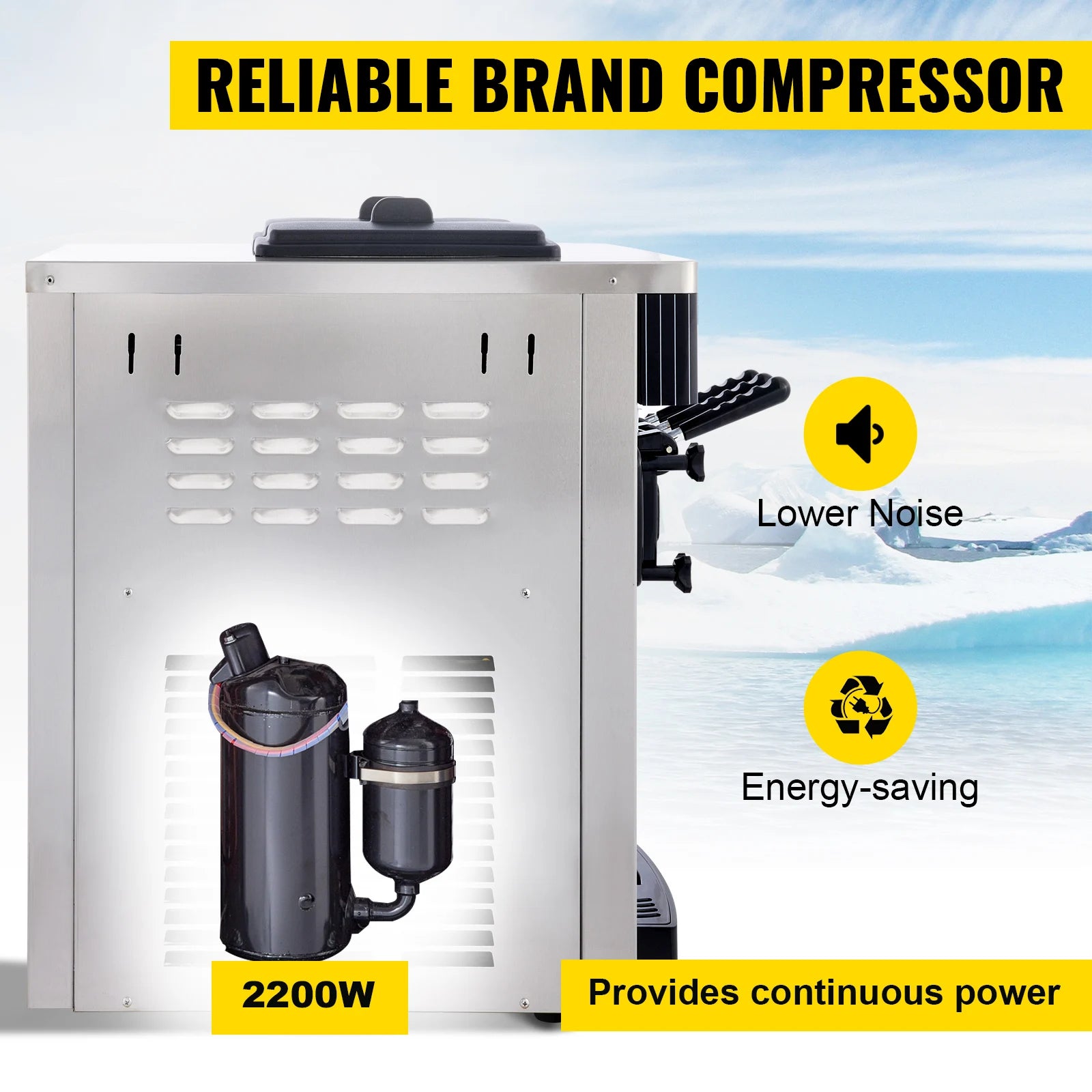 Sihao 2200W Ice Cream Machine 5.3-7.4Gal/H Soft Serve with LED Display Auto Clean 3 Flavors Sweet Cone Freezing Equipment