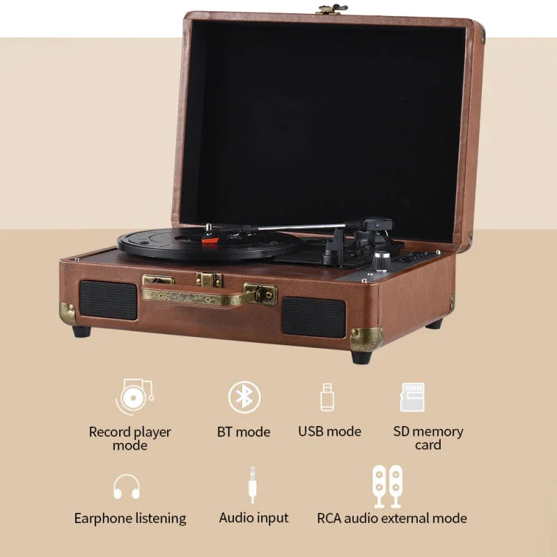 Retro portable vinyl record player, Bluetooth/USB/TF playback, suitable for family gatherings, outdoor camping, party gifts