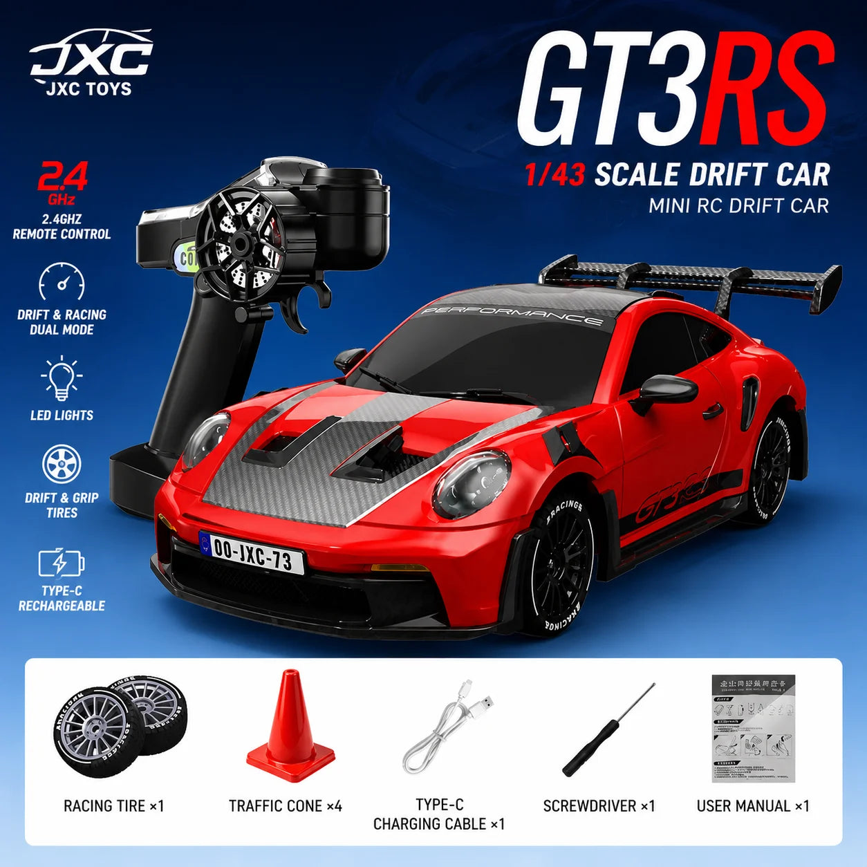 1:43 Scale 4WD RC Drift Car PO4302 2.4GHz Remote Control Racing Car  15KM/H with 8-Color LED Light 30min Play Time Gift Toy for