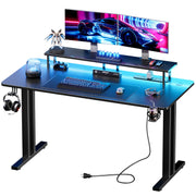 RGB Gaming Desk with Adjustable LED Lights, Carbon Fiber Surface, Detachable Monitor Stand & Built-in Power Strip, Home Office Computer Gaming Table with Cup Holder Headset Hook for Streaming Work Game