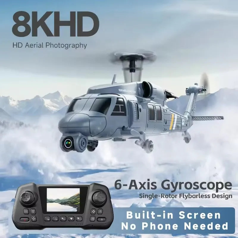 Boy 4DRC L2 RC Helicopter 8K Aerial Camera Builtin Screen Remote Control 6Axis Gyro Single Blade Black Hawk Apache Military Gift