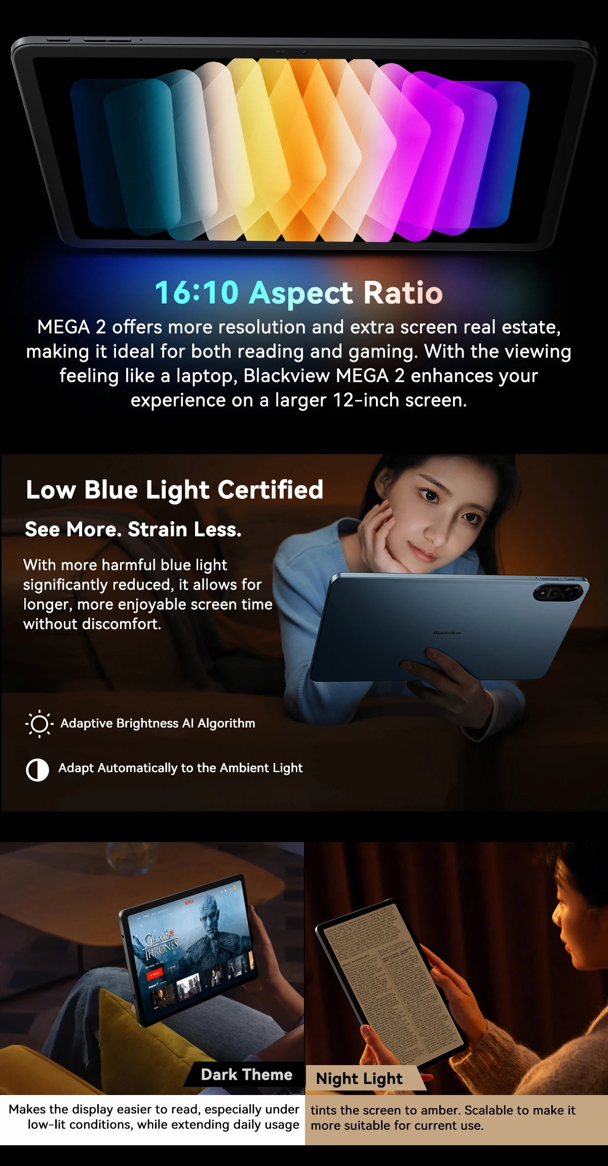 Blackview MEGA 2 Android 15 Tablet 12 inch 2K Display 36(12+24)GB 256GB Unisoc T615 9000mAh Battery Widevine L1 Pad PC