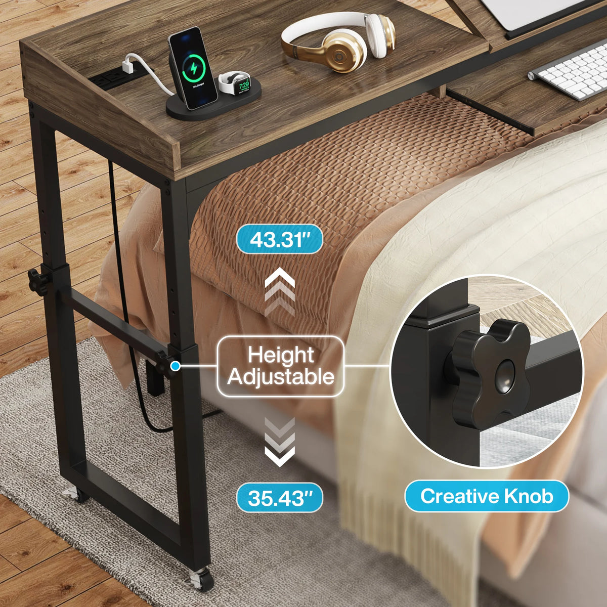 Tribesigns Overbed Table with Wheels, Queen Size Over Bed Desk with Adjustable Tilt Stand, Mobile Laptop Cart Computer Desk