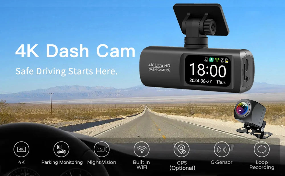 Dash Cam 4K UHD for Car Camera Front Rear Dual Lens With GPS WiFi 24h Parking Mode Night Vision Car DVR Video Registrator