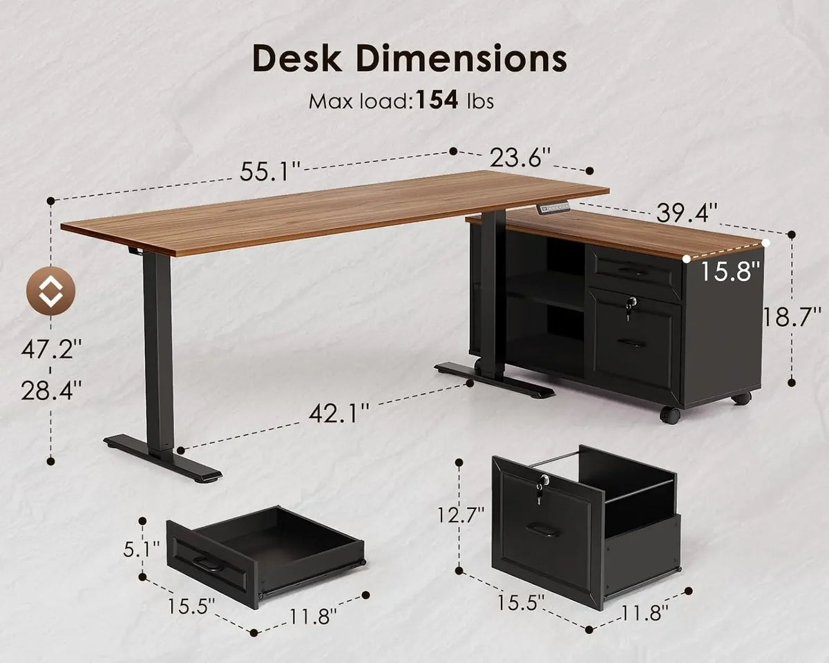 USA Stock 55" L Shaped Electric Standing Desk with Cabinet Sets, Walnut/Black | Mobile Drawers & File Cabinet Sets for Flexible