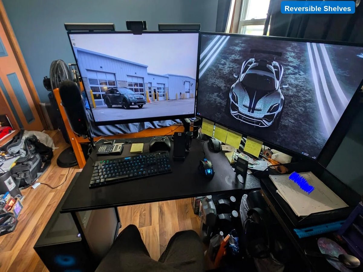 L Shaped Gaming Desk 53 Inch with LED Light Power Outlets Reversible Shelves Computer Corner Black Home Office Study