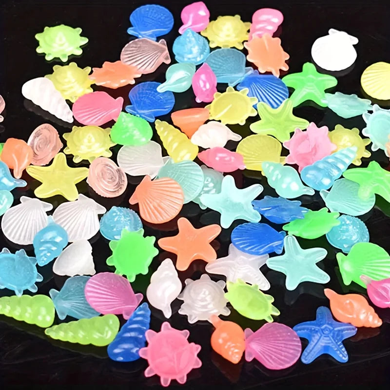 100PCS Marine Luminous Stones, Colorful Luminous Stones Simulating Shell Starfish Aquarium Landscape Ornaments, Suitable for Gar