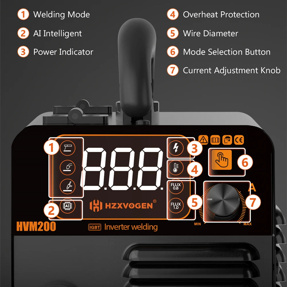 HZXVOGEN 3 IN 1 MIG/TIG/MMA Semi-Automatic Welding Machine HVM200 Inverter Welder Synergy Tool Non Gas MIG Welder For Gasless Iron Soldering 220V