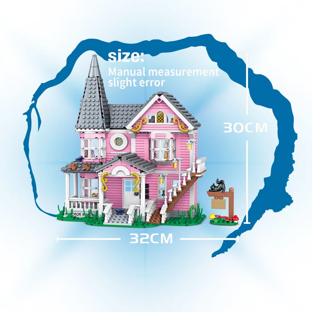 958pcs City Street View Series Pink Castle Apartments Model Building Blocks MOC Kitten Windmill Bricks Creative Toys Girls Gifts